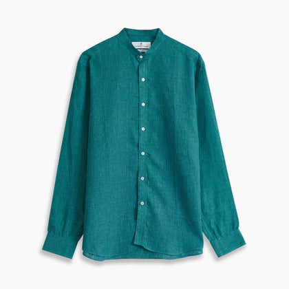 Teal Weekend Fit Long Sleeve Linen Shirt with Stand Collar and 1-Button Cuff Image 4