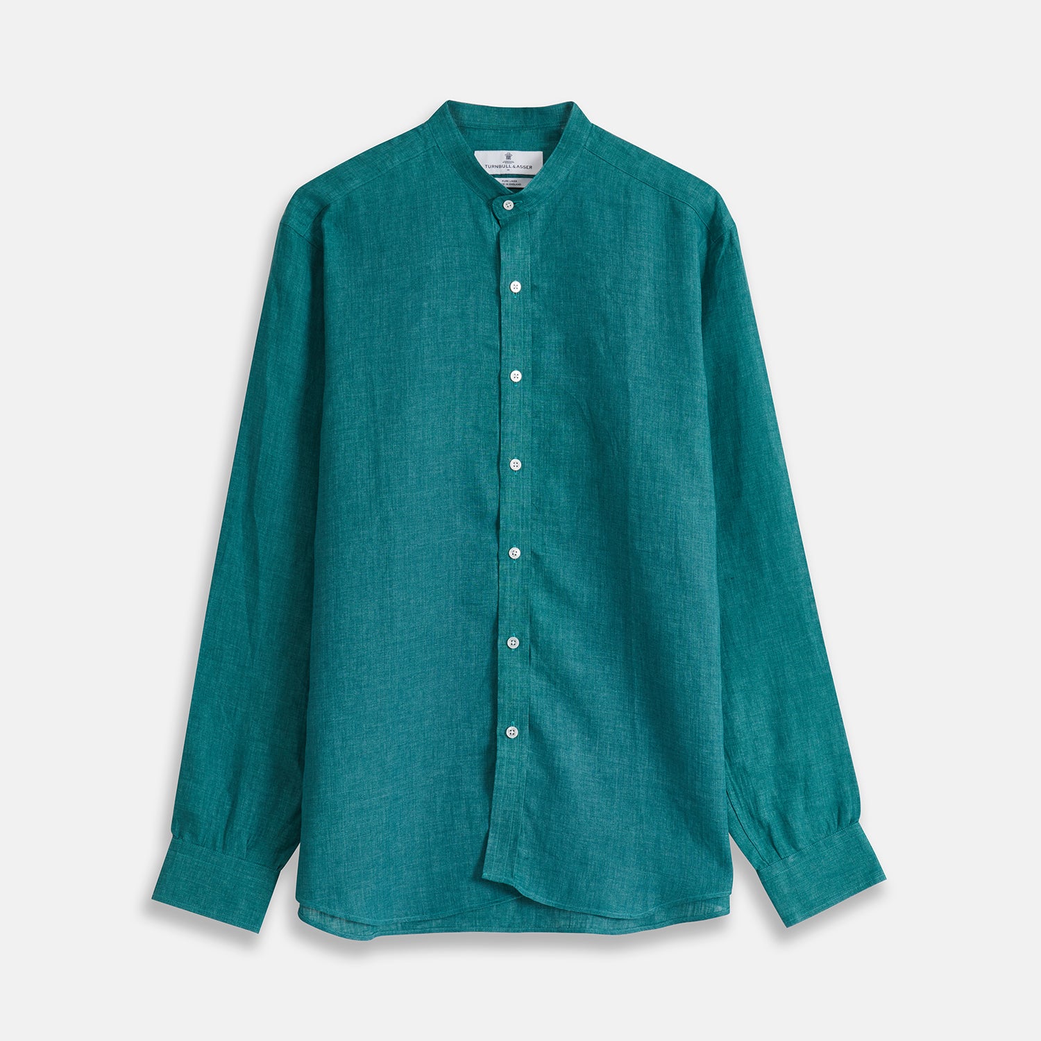 View 1 of product Teal Weekend Fit Long Sleeve Linen Shirt with Stand Collar and 1-Button Cuff