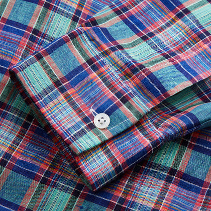 Green and Red Madras Check Weekend Fit Linen Shirt with Derby Collar and 1-Button Cuff Image 4