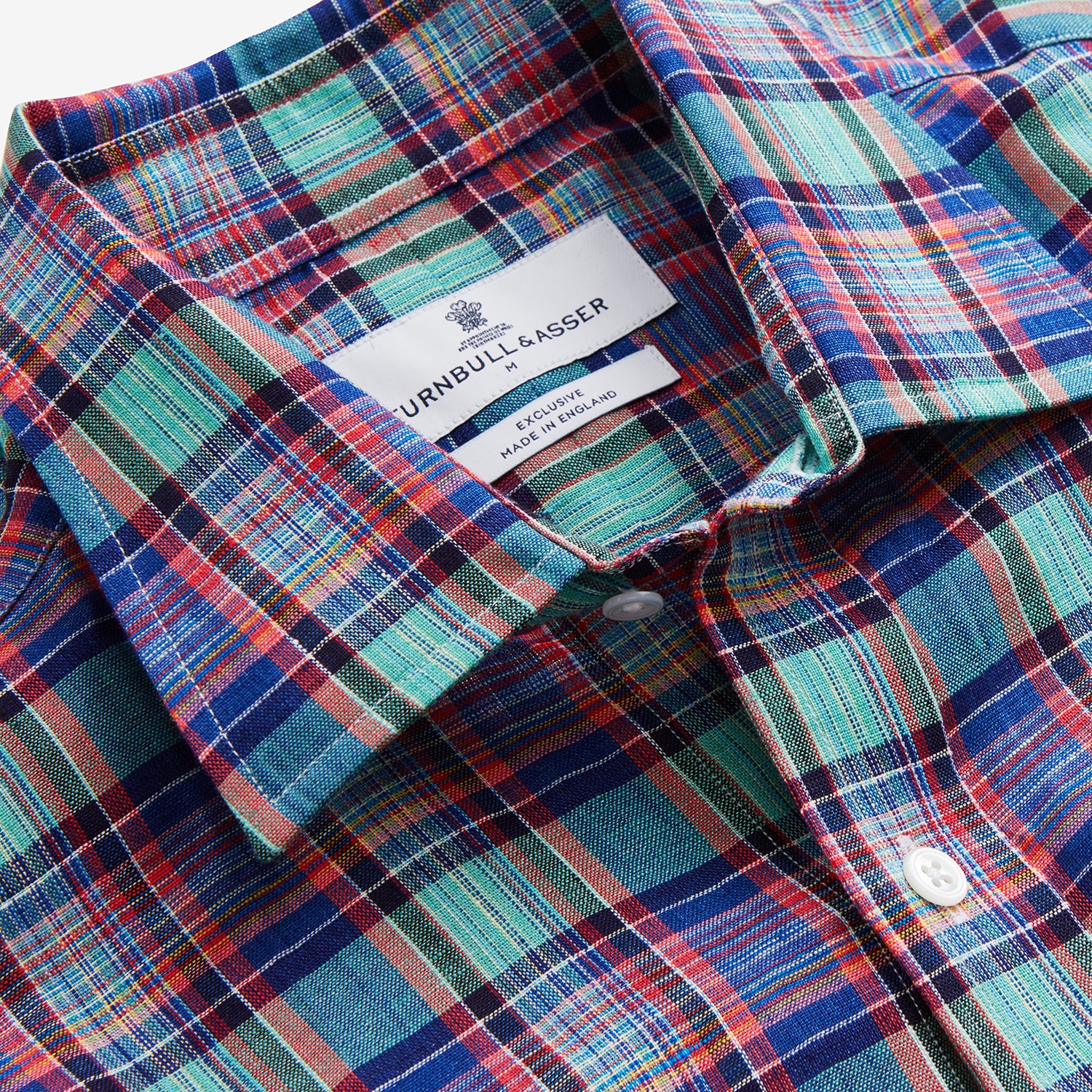 Green and Red Madras Check Weekend Fit Linen Shirt with Derby Collar and 1-Button Cuff
