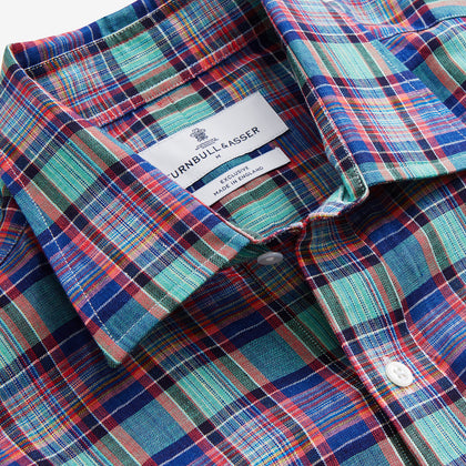 Green and Red Madras Check Weekend Fit Linen Shirt with Derby Collar and 1-Button Cuff Image 3