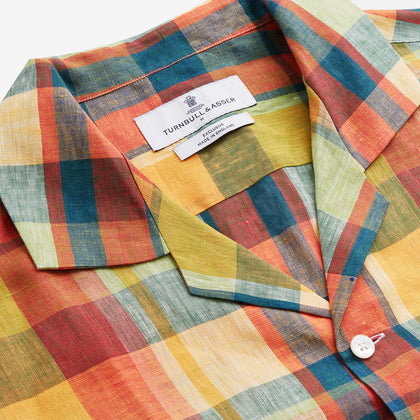 Orange Madras Check Holiday Fit Long Sleeve Linen Shirt with Revere Collar and 1-Button Cuff Image 3