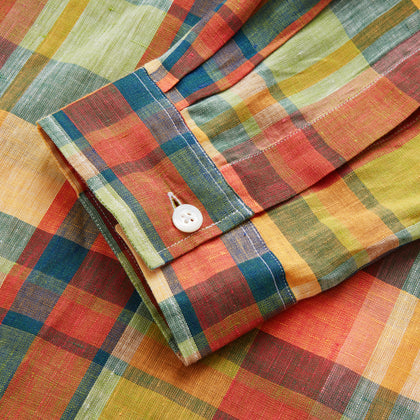 Orange Madras Check Holiday Fit Long Sleeve Linen Shirt with Revere Collar and 1-Button Cuff Image 4