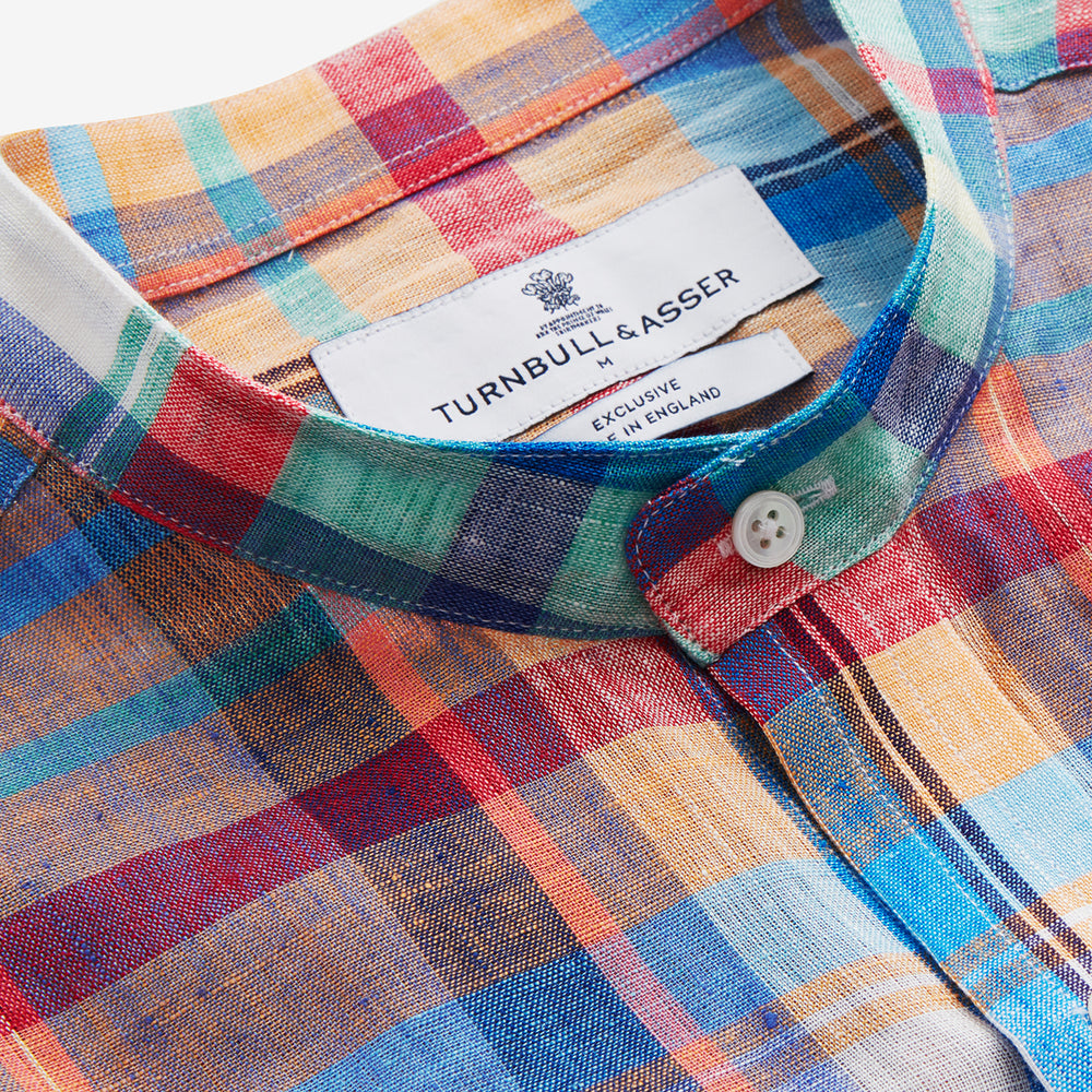 Red and Teal Madras Check Weekend Fit Linen Shirt with Stand Collar and 1-Button Cuff