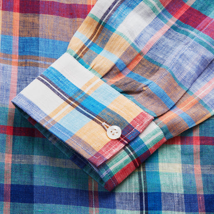 Red and Teal Madras Check Weekend Fit Linen Shirt with Stand Collar and 1-Button Cuff Image 5