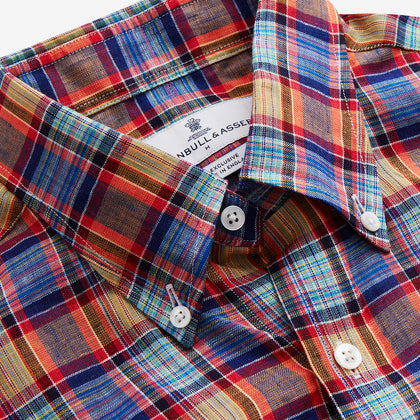 Blue and Orange Madras Check Weekend Fit Short Sleeve Linen Shirt with Dorset Collar Image 2