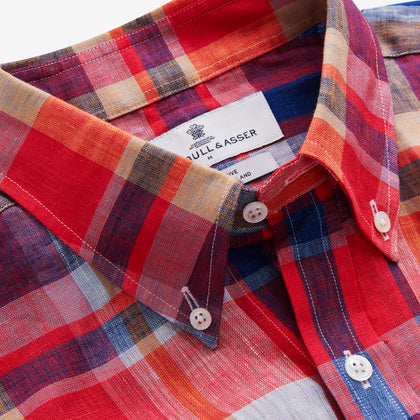 Red Madras Check Weekend Fit Short Sleeve Linen Shirt with Dorset Collar Image 3
