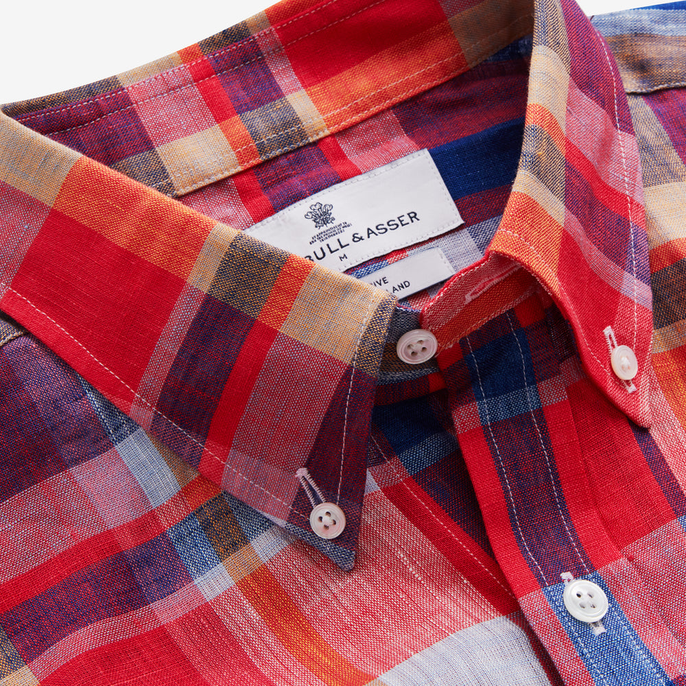 Red Madras Check Weekend Fit Short Sleeve Linen Shirt with Dorset Collar