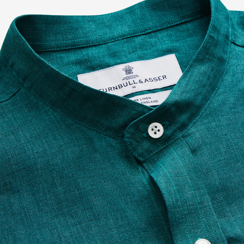 Teal Weekend Fit Long Sleeve Linen Shirt with Stand Collar and 1-Button Cuff