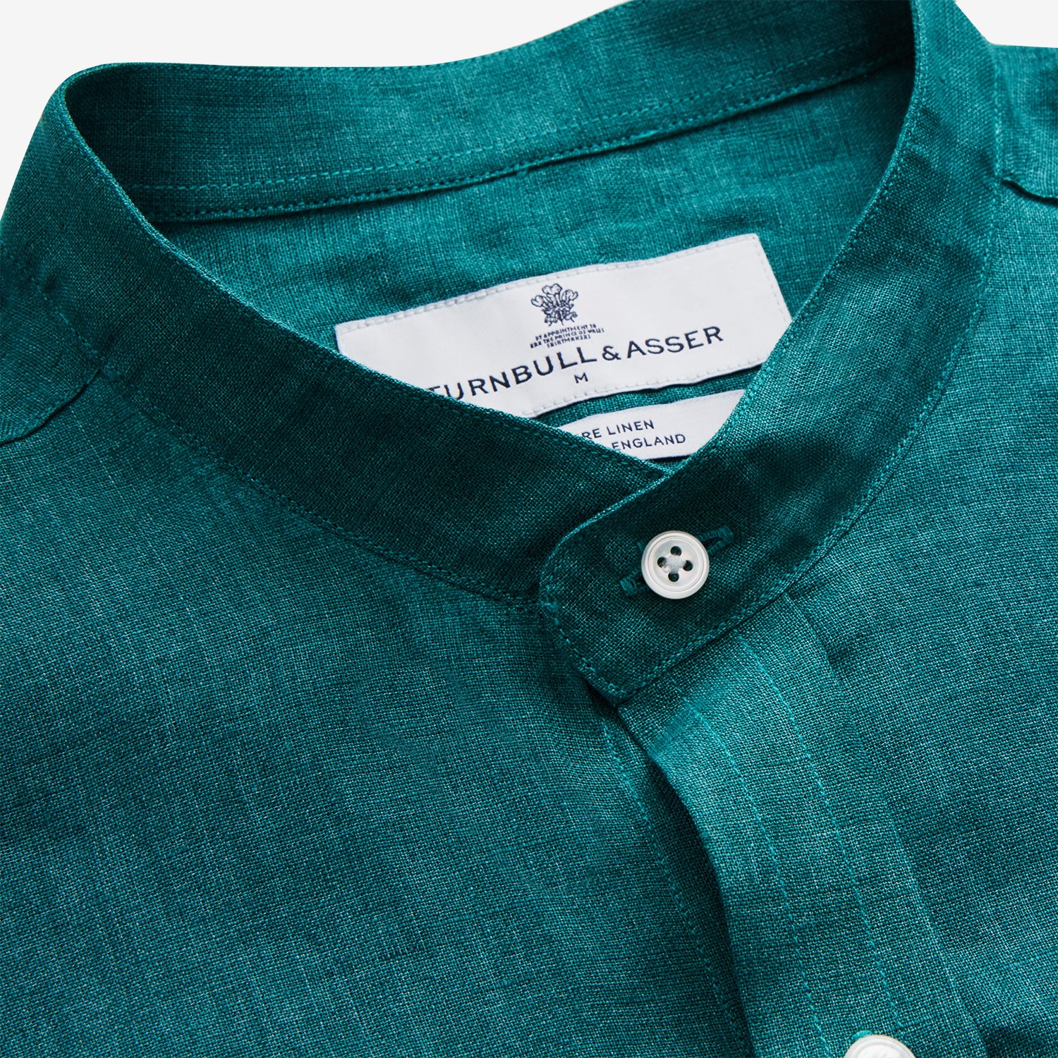 View 4 of product Teal Weekend Fit Long Sleeve Linen Shirt with Stand Collar and 1-Button Cuff