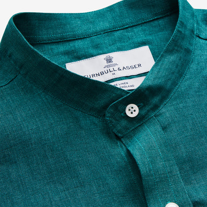 Teal Weekend Fit Long Sleeve Linen Shirt with Stand Collar and 1-Button Cuff Image 3
