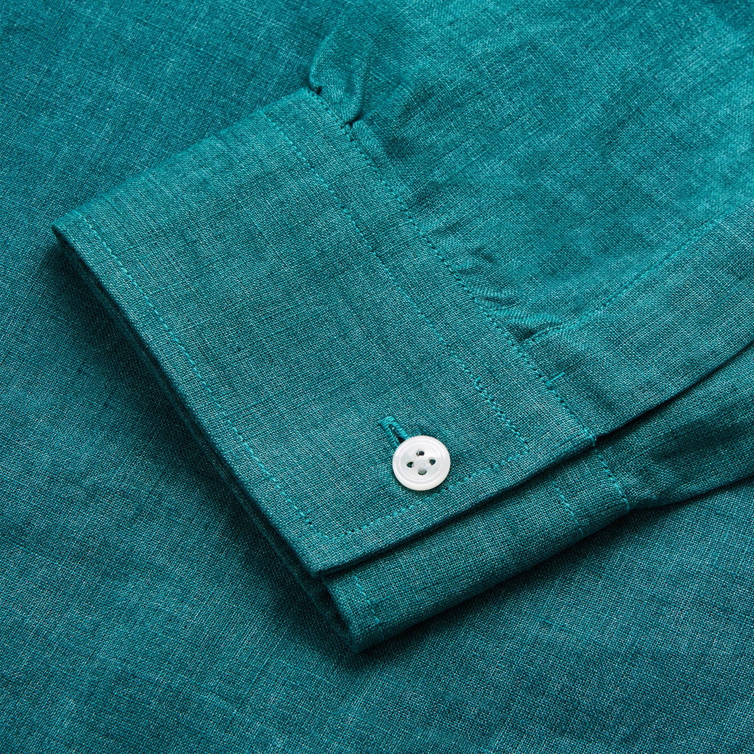 View 3 of product Teal Weekend Fit Long Sleeve Linen Shirt with Stand Collar and 1-Button Cuff