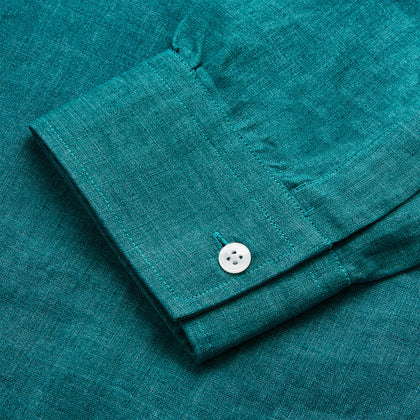 Teal Weekend Fit Long Sleeve Linen Shirt with Stand Collar and 1-Button Cuff Image 2