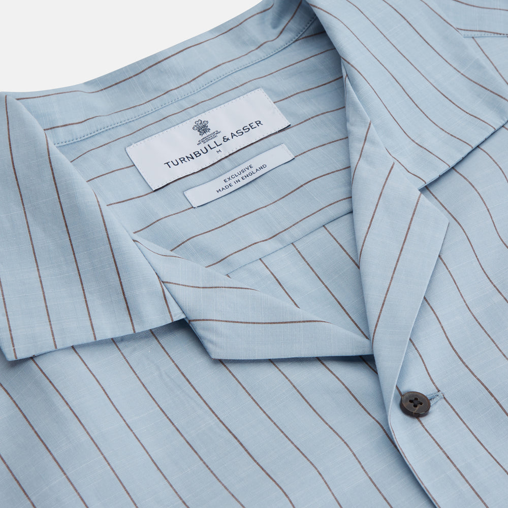Pale Blue Stripe Cotton Holiday Fit Shirt with Revere Collar & Single Button Cuff