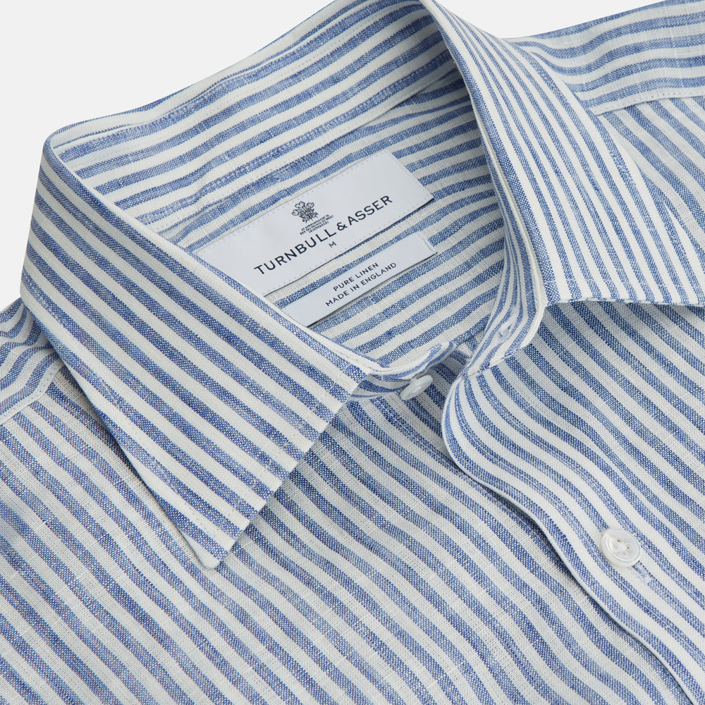 Sky Blue Linen Stripe Weekend Fit Shirt with Derby Collar