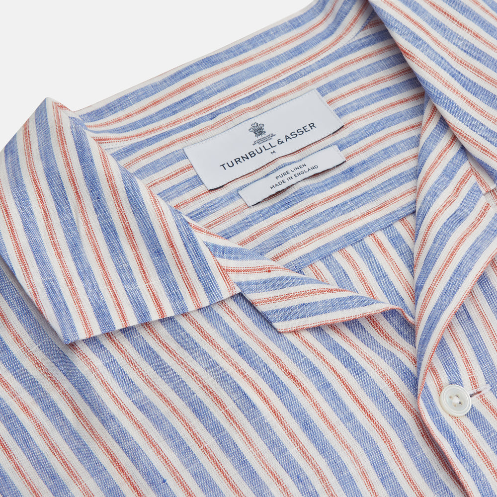 Blue and Red Linen Stripe Holiday Fit Shirt with Revere Collar
