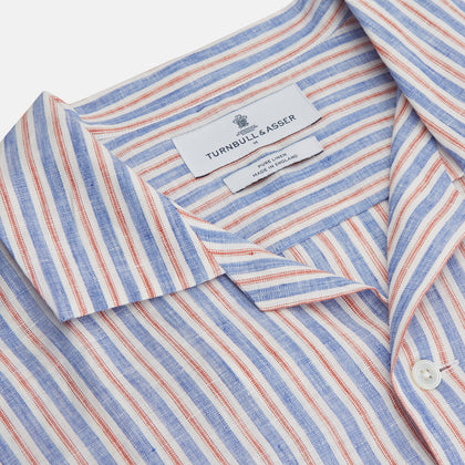 Blue and Red Linen Stripe Holiday Fit Shirt with Revere Collar Image 2