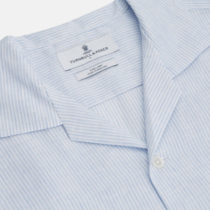 Blue Linen Stripe Holiday Fit Shirt with Revere Collar Image 1