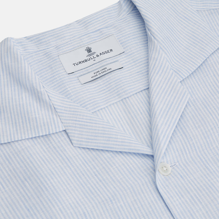 Blue Linen Stripe Holiday Fit Shirt with Revere Collar Image 1