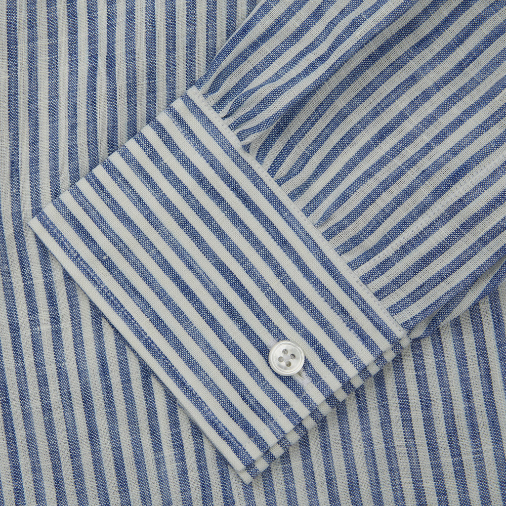 Sky Blue Linen Stripe Weekend Fit Shirt with Derby Collar
