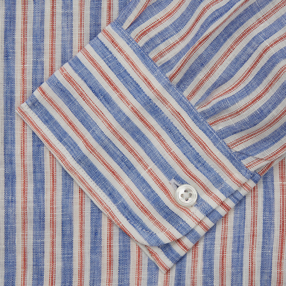 Blue & Red Linen Stripe Weekend Fit Shirt with Stand Collar