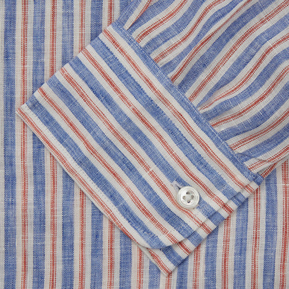 Blue & Red Linen Stripe Weekend Fit Shirt with Stand Collar Image 2