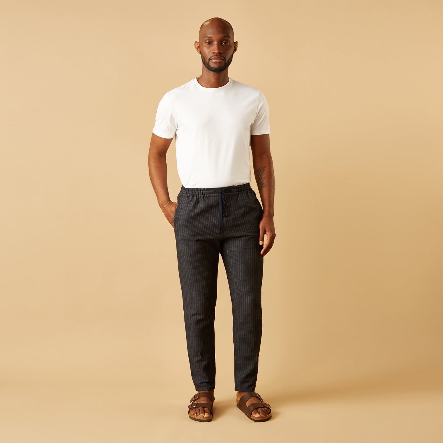 View 1 of product Navy Tailored Pinstriped Drawstring Trousers
