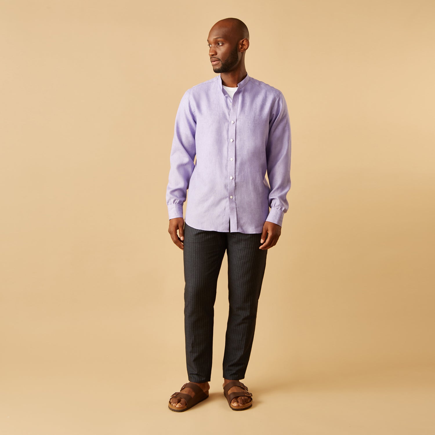 View 1 of product Lilac Weekend Fit Linen Blake Shirt with Stand Collar and 1-Button Cuffs