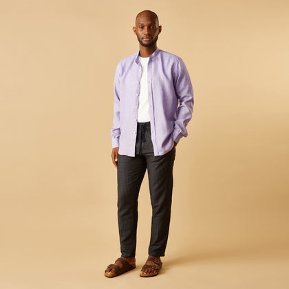 Lilac Weekend Fit Linen Blake Shirt with Stand Collar and 1-Button Cuffs Image 1