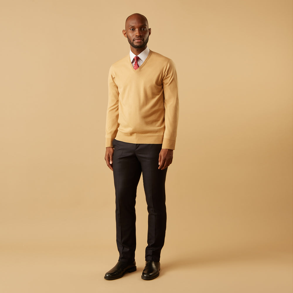 Tan Sweater Sweater And Dress Shirt Combo Camel V-Neck Merino Wool