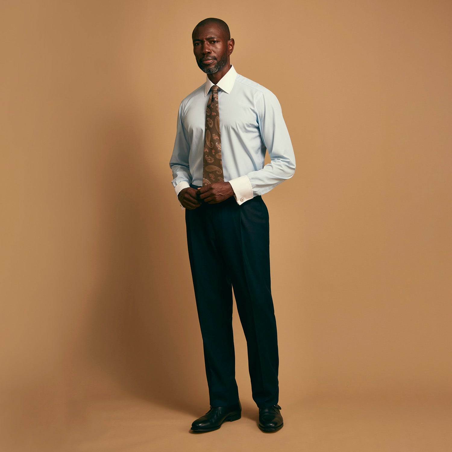 View 1 of product Mid Blue Micro-Check Regular Fit Shirt with White T&A Collar and Double Cuffs