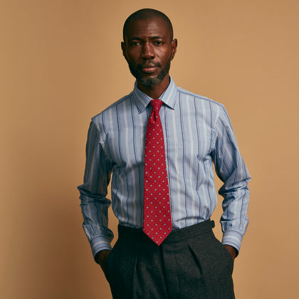 Blue Multi Chambray Stripe Weekend Fit Shirt with Derby Collar and 1 Button Cuffs