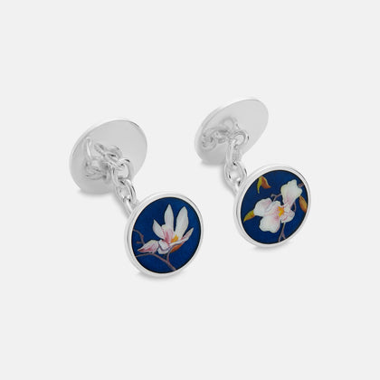 Royal Blue Magnolia Hand-painted Cufflinks Image 1