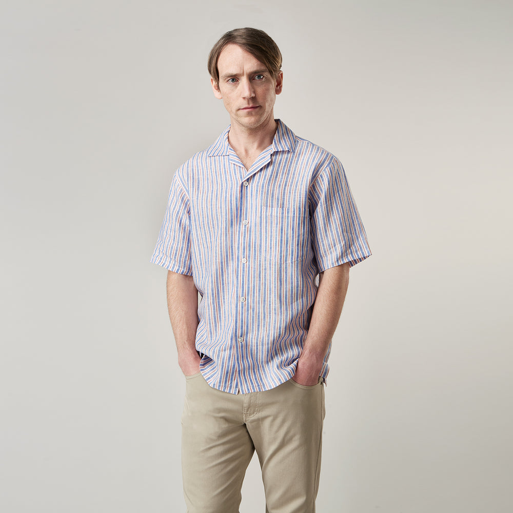 Blue and Red Linen Stripe Holiday Fit Shirt with Revere Collar