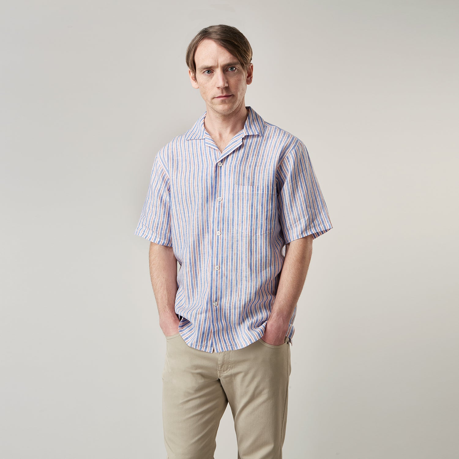 View 5 of product Blue and Red Linen Stripe Holiday Fit Shirt with Revere Collar