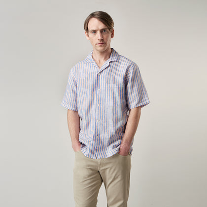 Blue and Red Linen Stripe Holiday Fit Shirt with Revere Collar Image 4