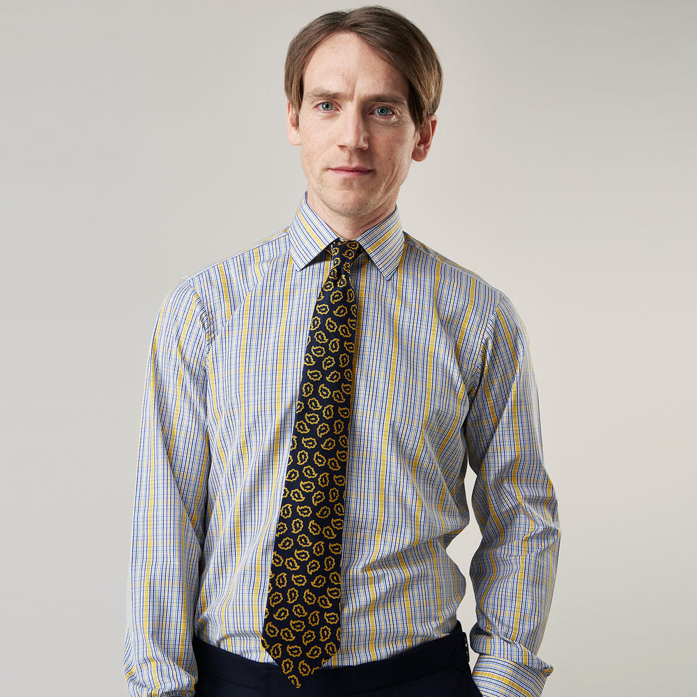 Yellow and Blue Fancy Check Regular Fit Shirt with T&A Collar