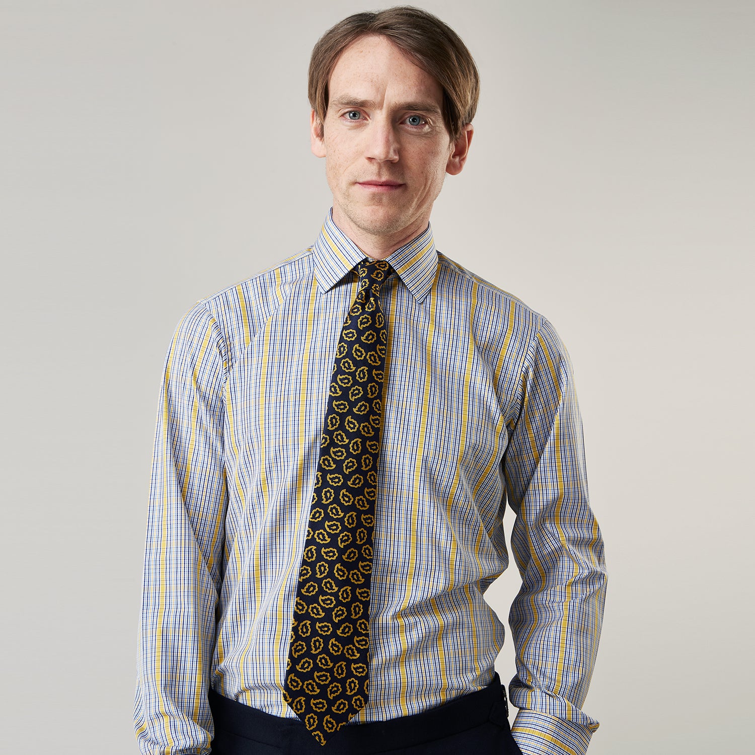View 3 of product Yellow and Blue Fancy Check Regular Fit Shirt with T&A Collar