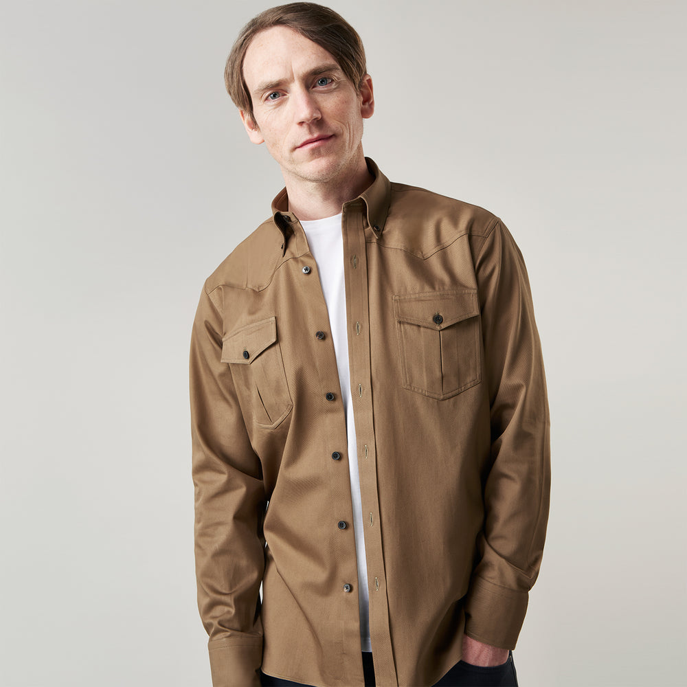 Khaki Cotton Weekend Fit Western Shirt with Dorset Collar