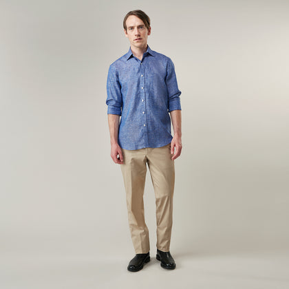 Indigo Linen Weekend Fit Shirt with Derby Collar Image 1