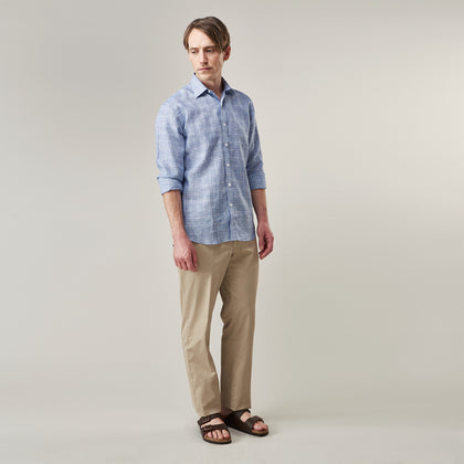 Indigo Linen Glen Check Weekend Fit Shirt with Derby Collar Image 1