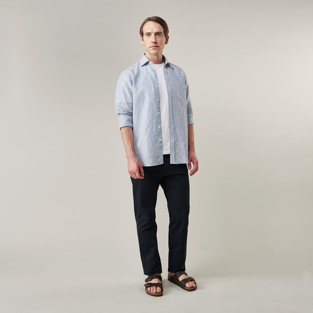 Sky Blue Linen Stripe Weekend Fit Shirt with Derby Collar