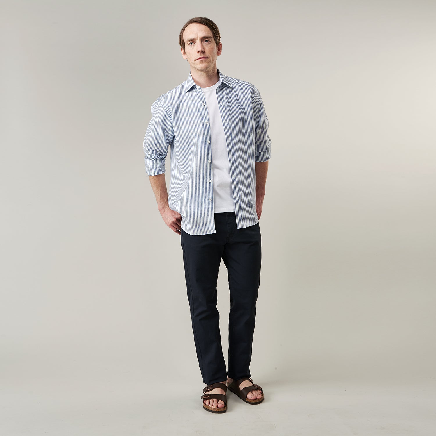 View 7 of product Sky Blue Linen Stripe Weekend Fit Shirt with Derby Collar