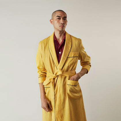 Ochre Linen Piped Gown Image 1