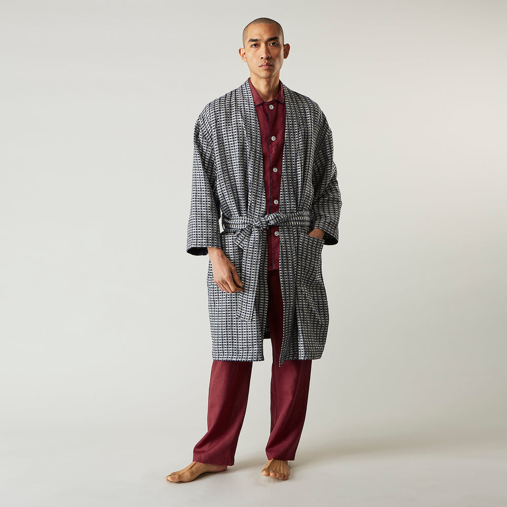 Navy Silk Chequered Kimono Gown
