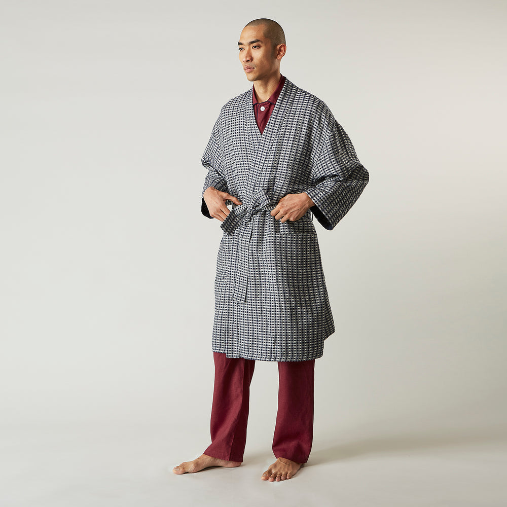 Navy Silk Chequered Kimono Gown