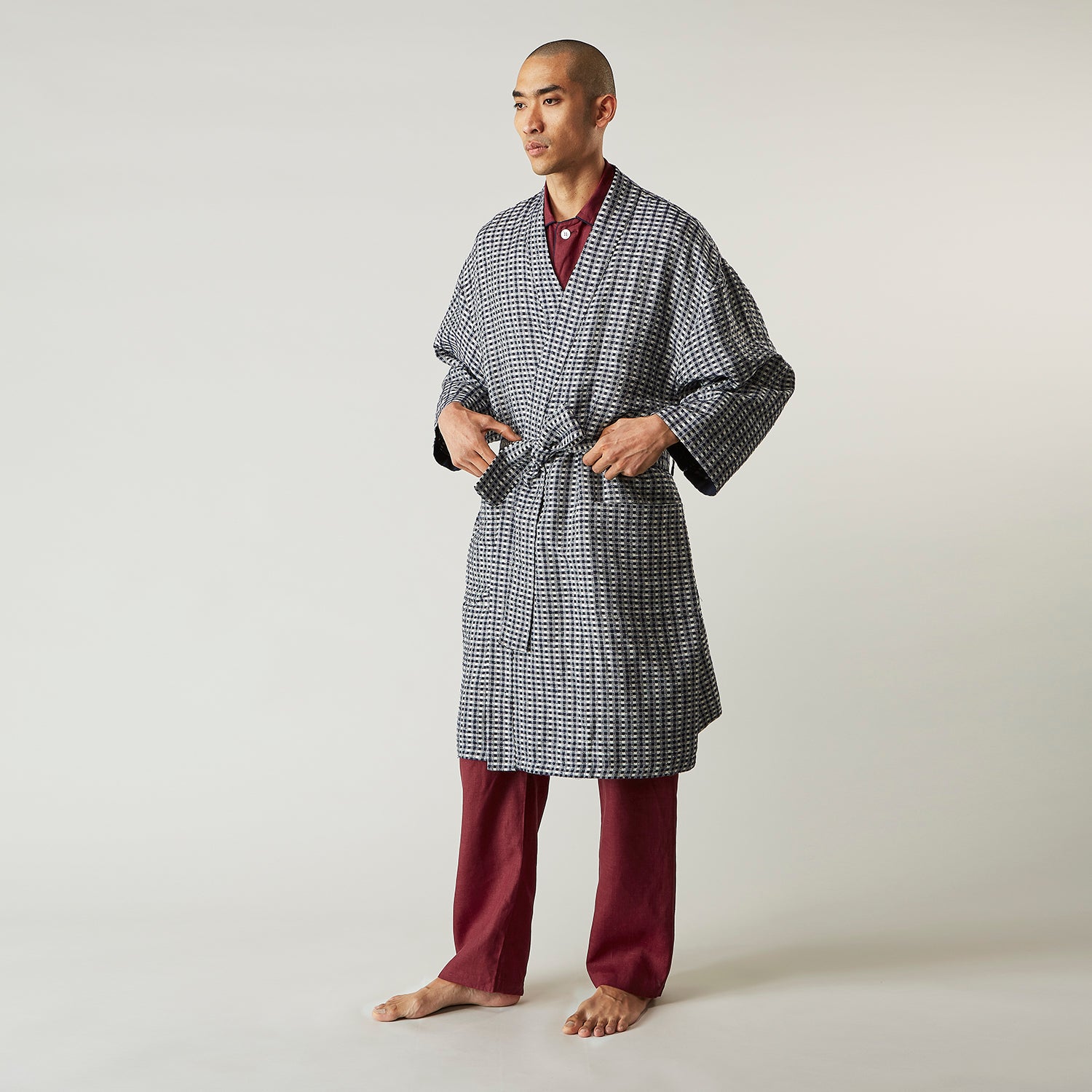 View 3 of product Navy Silk Chequered Kimono Gown