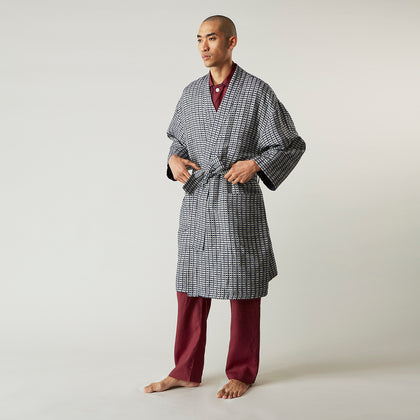 Navy Silk Chequered Kimono Gown Image 2