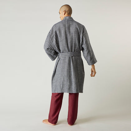 Navy Silk Chequered Kimono Gown Image 3