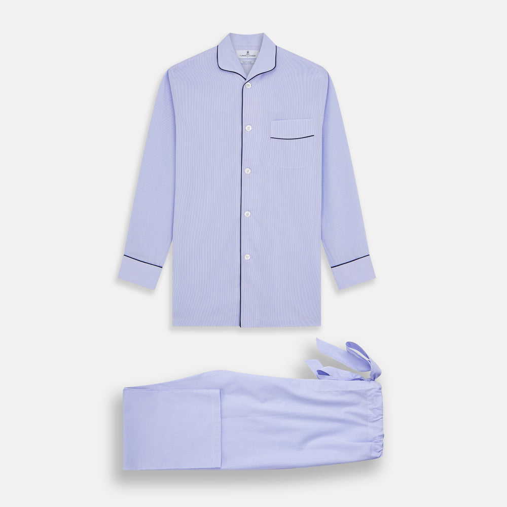 Blue Fine Check Piped Sea Island Quality Cotton Pyjama Set